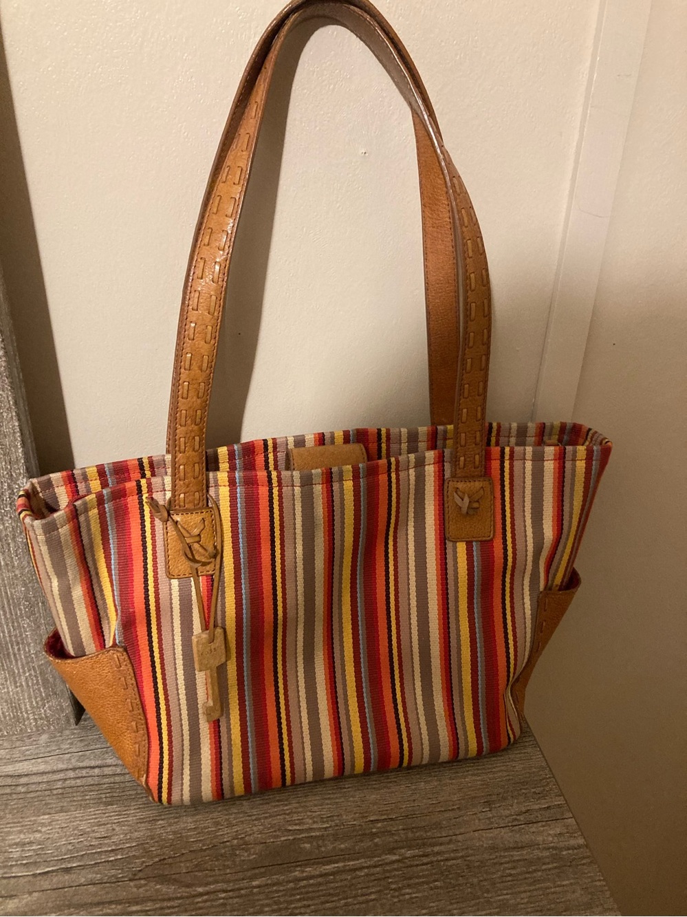 Fossil Multicolor Striped Canvas Tote with Tan Leather Trim